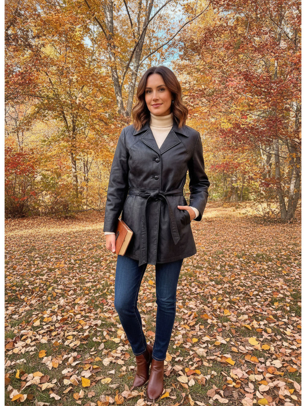Vintage JCPenney Black Leather Belted Trench Jacket Petite L
